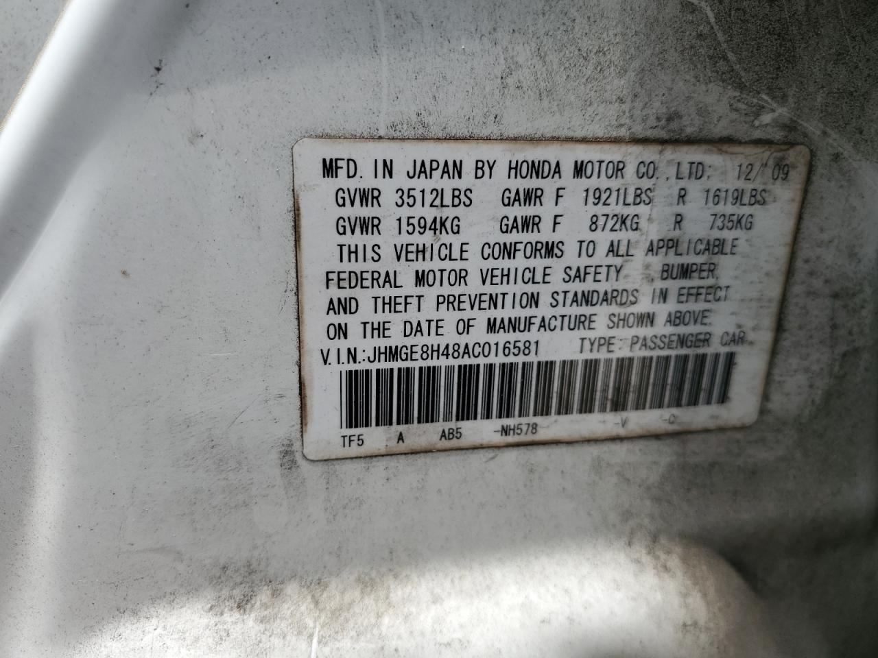 JHMGE8H48AC016581 2010 Honda Fit Sport