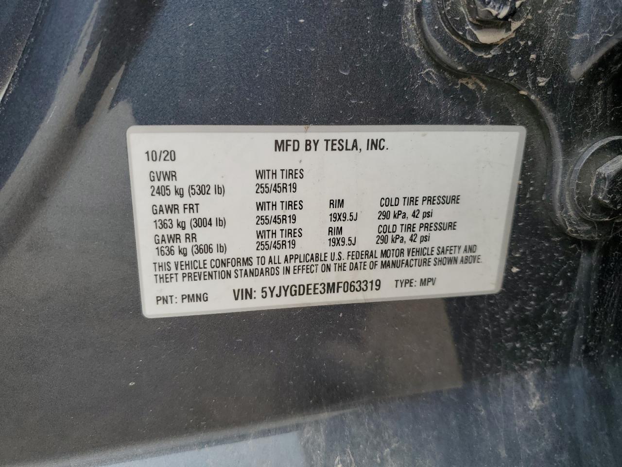 2021 Tesla Model Y vin: 5YJYGDEE3MF063319