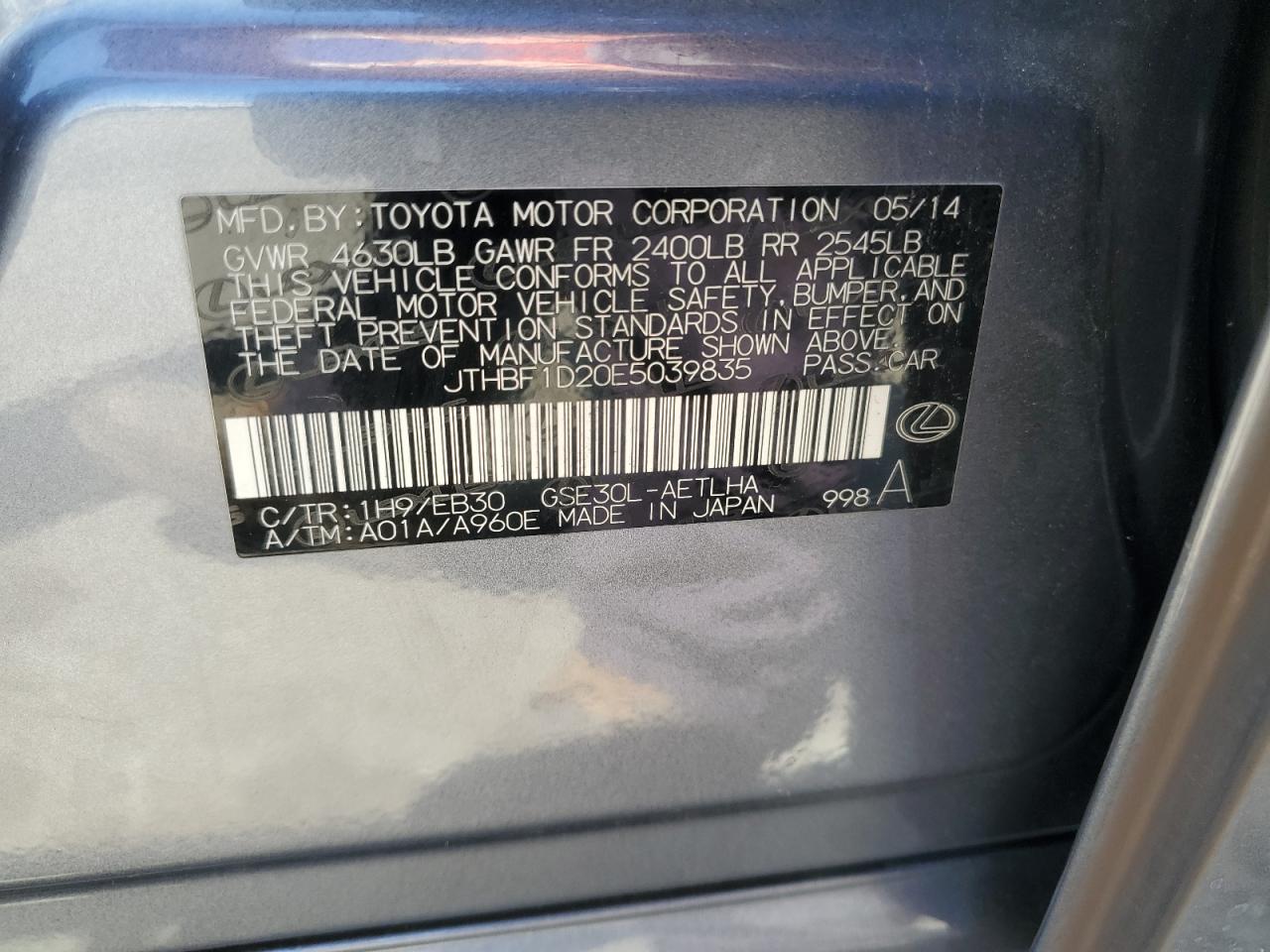 JTHBF1D20E5039835 2014 Lexus Is 250