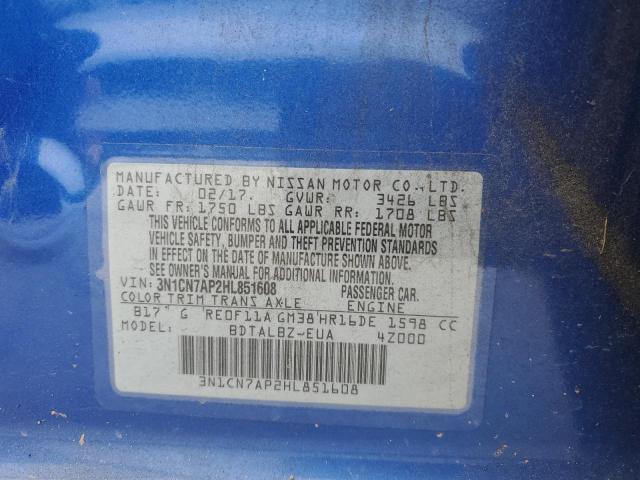 2017 Nissan Versa S VIN: 3N1CN7AP2HL851608 Lot: 61881084