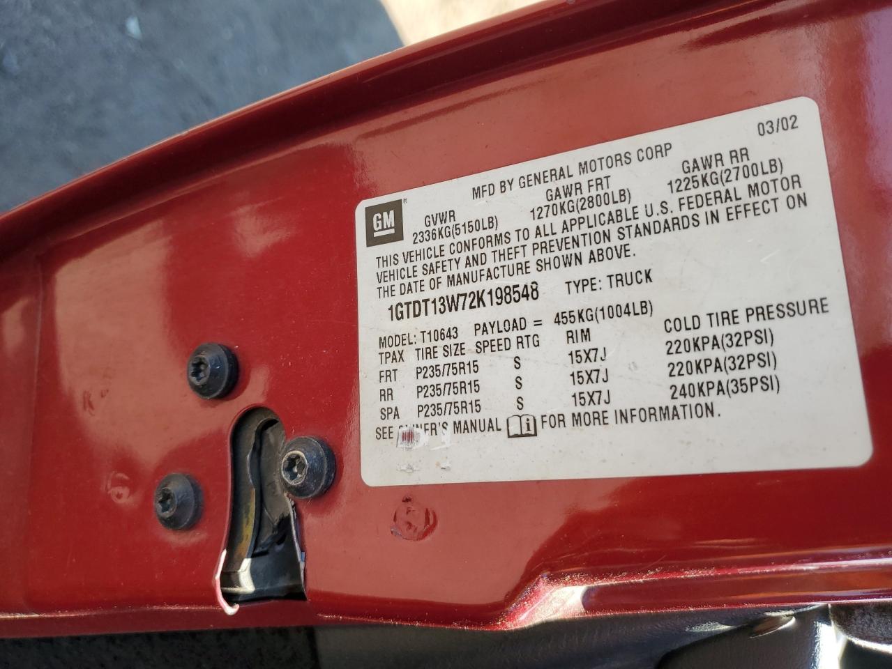 1GTDT13W72K198548 2002 GMC Sonoma