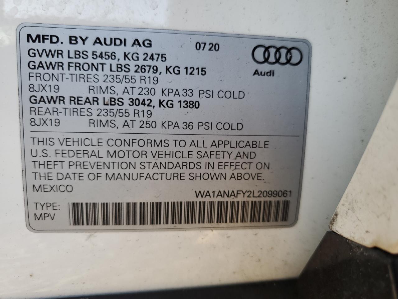 WA1ANAFY2L2099061 2020 Audi Q5 Premium