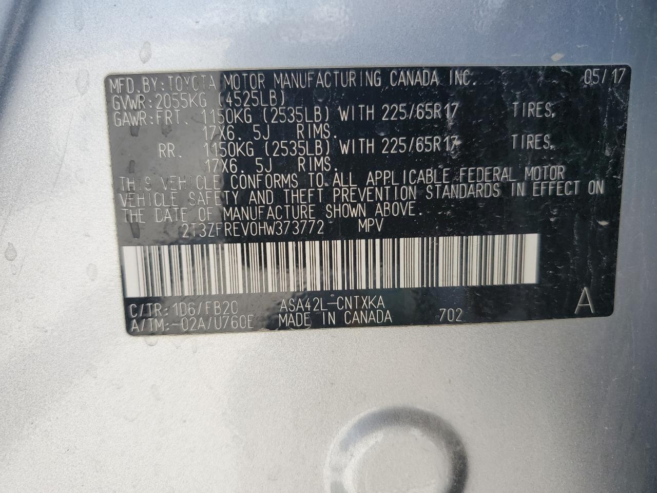 2T3ZFREV0HW373772 2017 Toyota Rav4 Le