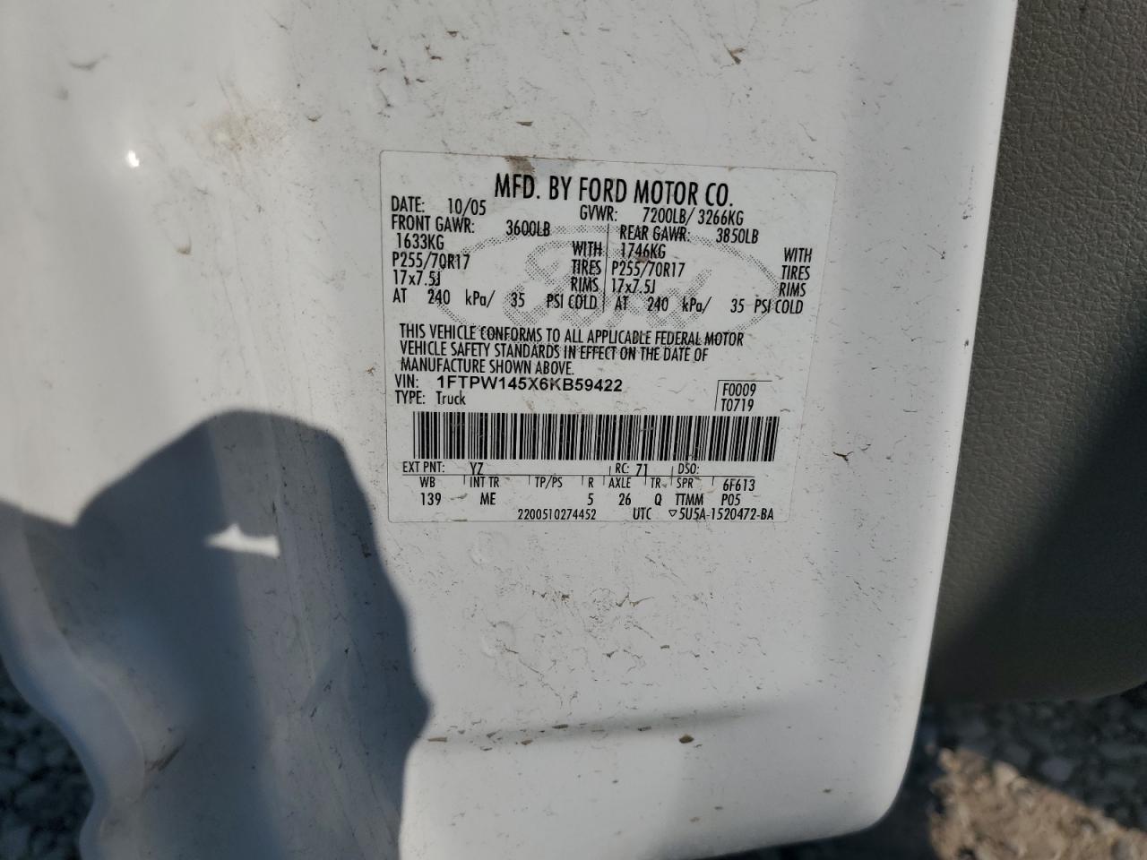 1FTPW145X6KB59422 2006 Ford F150 Supercrew