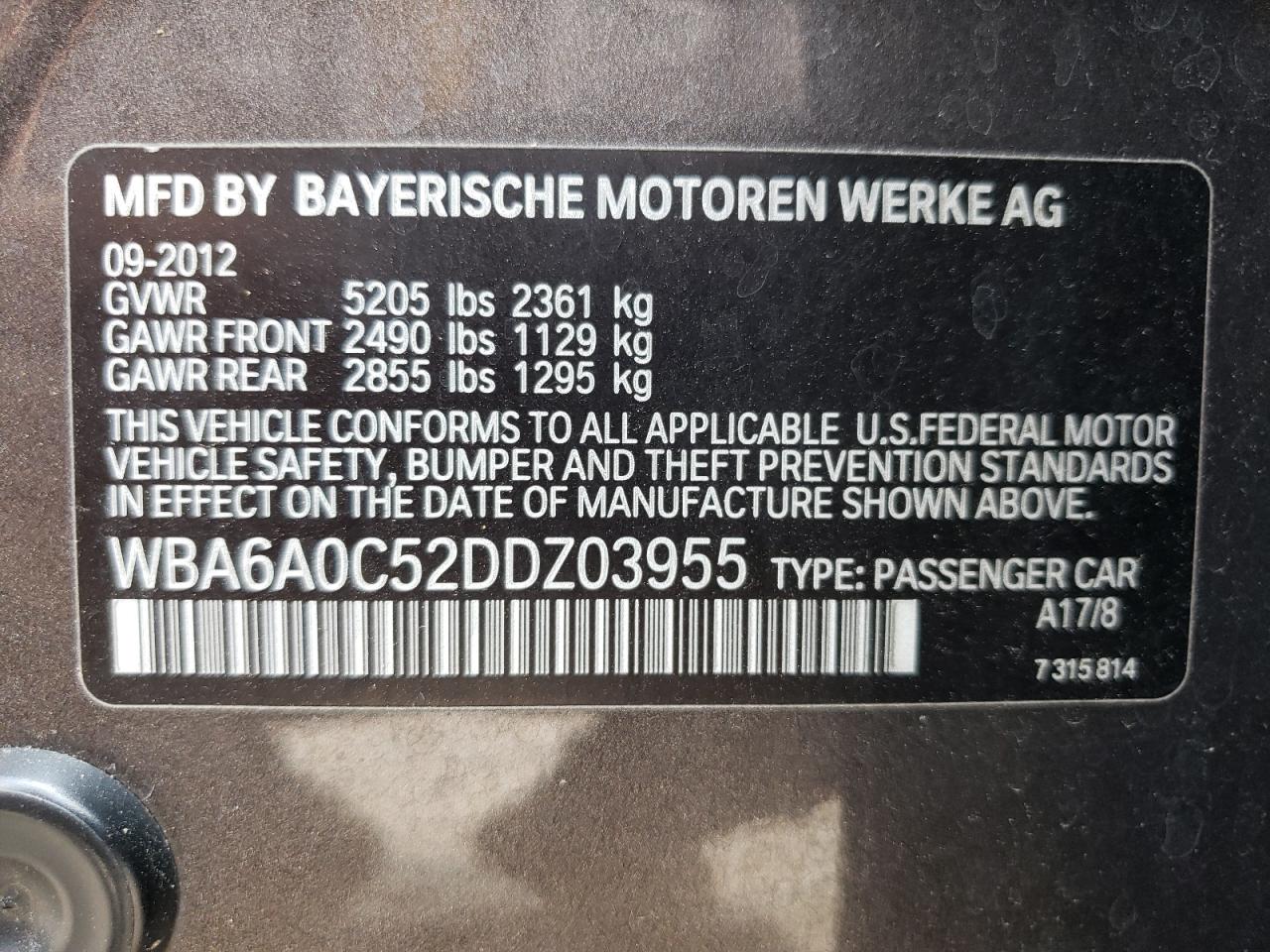 WBA6A0C52DDZ03955 2013 BMW 640 I