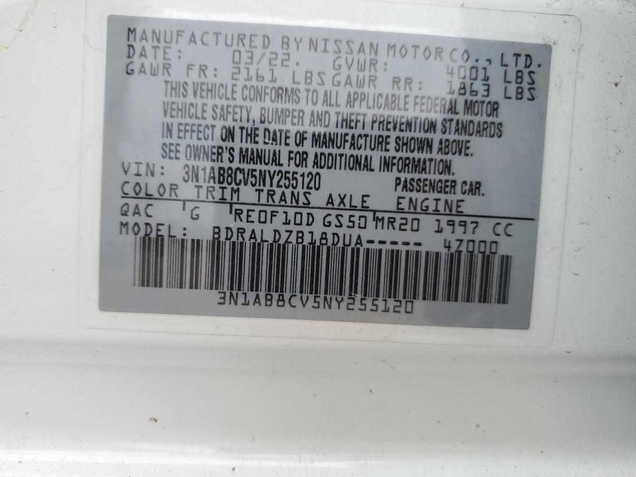 3N1AB8CV5NY255120 2022 Nissan Sentra Sv