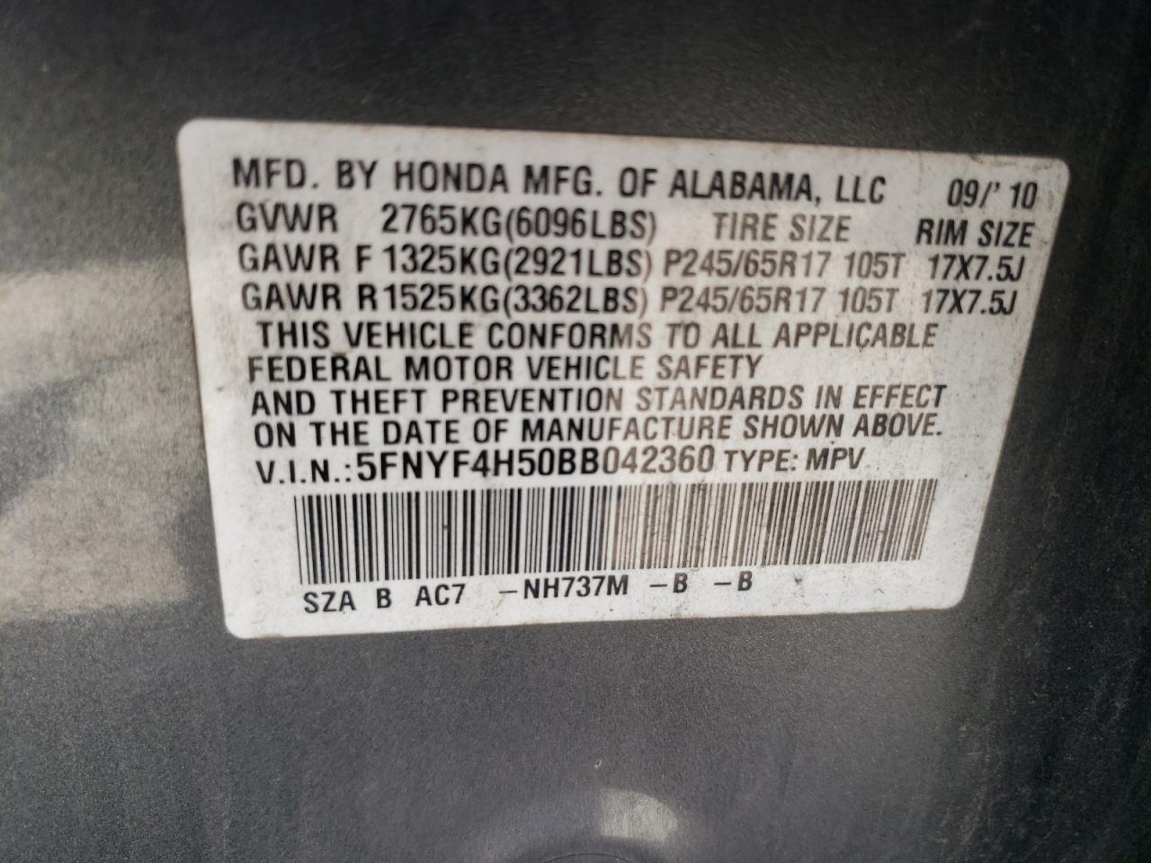 5FNYF4H50BB042360 2011 Honda Pilot Exl