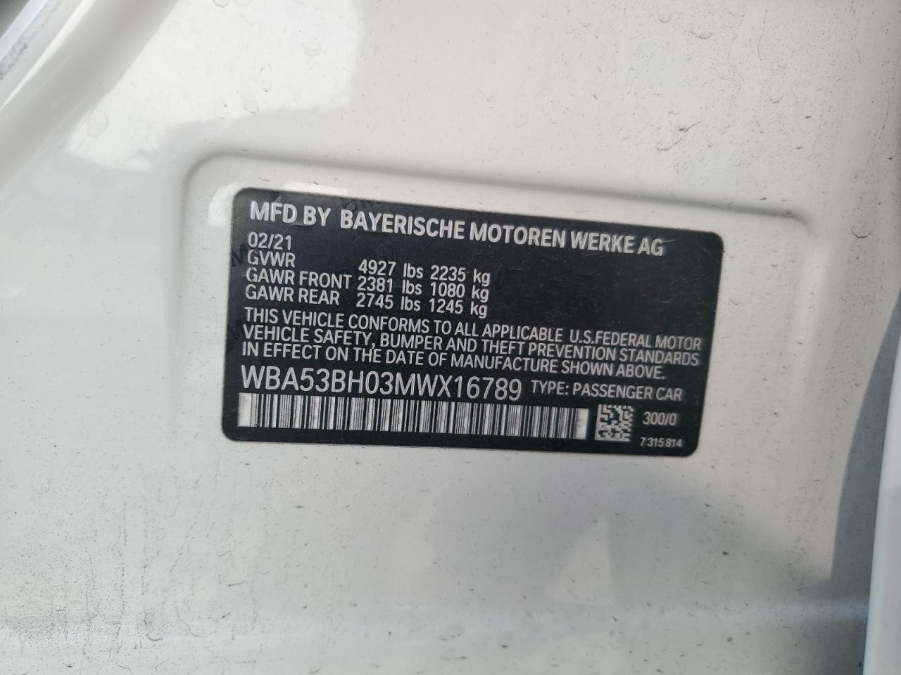 WBA53BH03MWX16789 2021 BMW 530 I