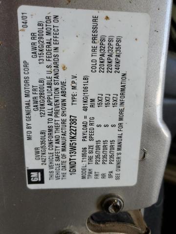 2001 Chevrolet Blazer VIN: 1GNDT13W51K227387 Lot: 62366984