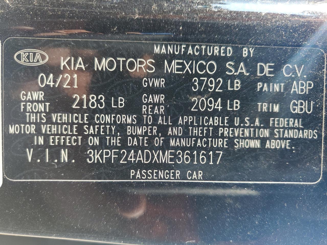 3KPF24ADXME361617 2021 Kia Forte Fe
