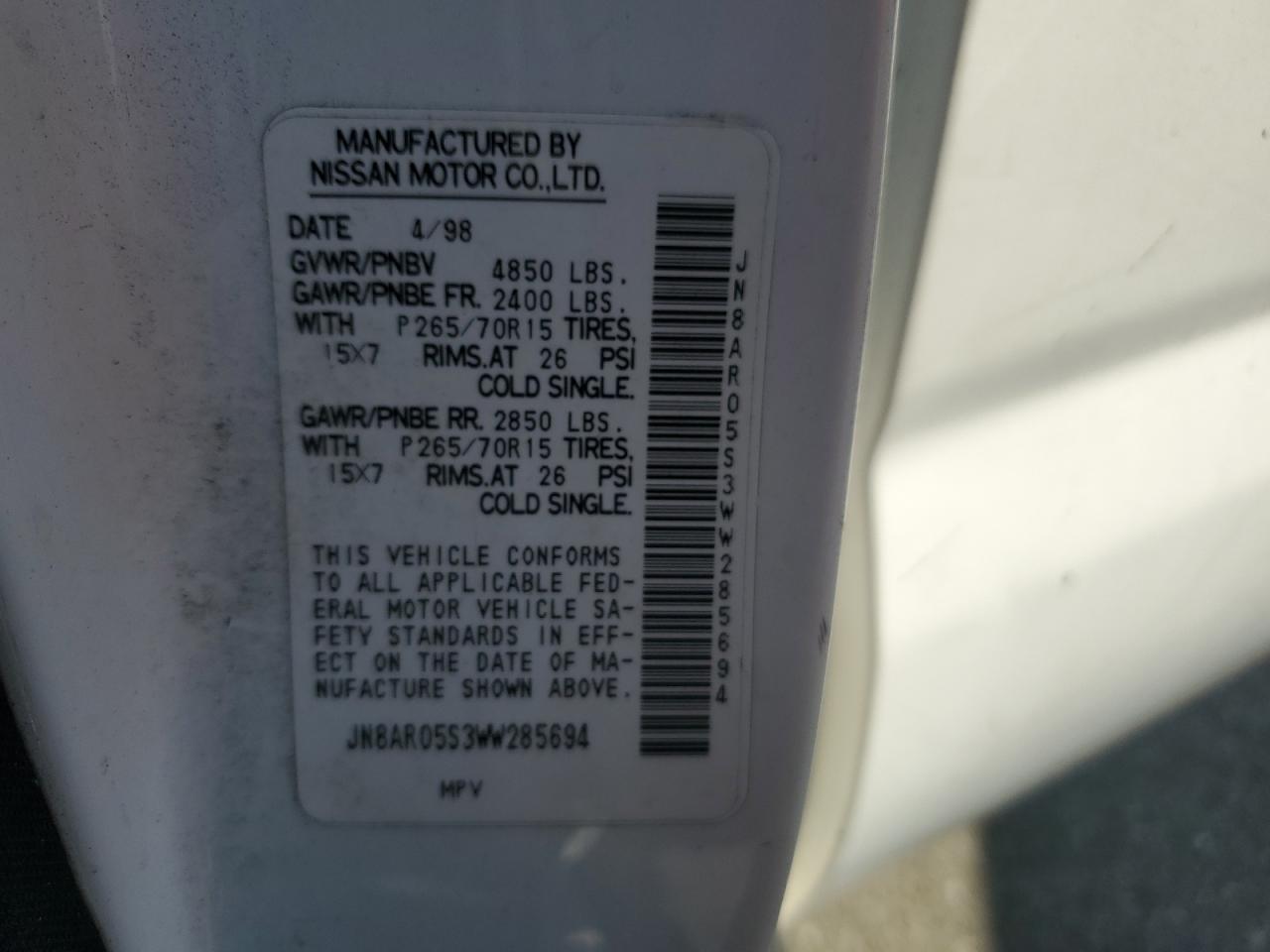 JN8AR05S3WW285694 1998 Nissan Pathfinder Xe