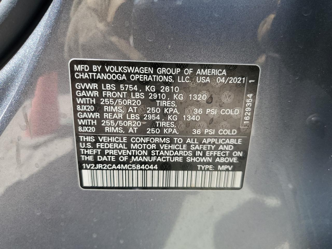 1V2JR2CA4MC584044 2021 Volkswagen Atlas Se