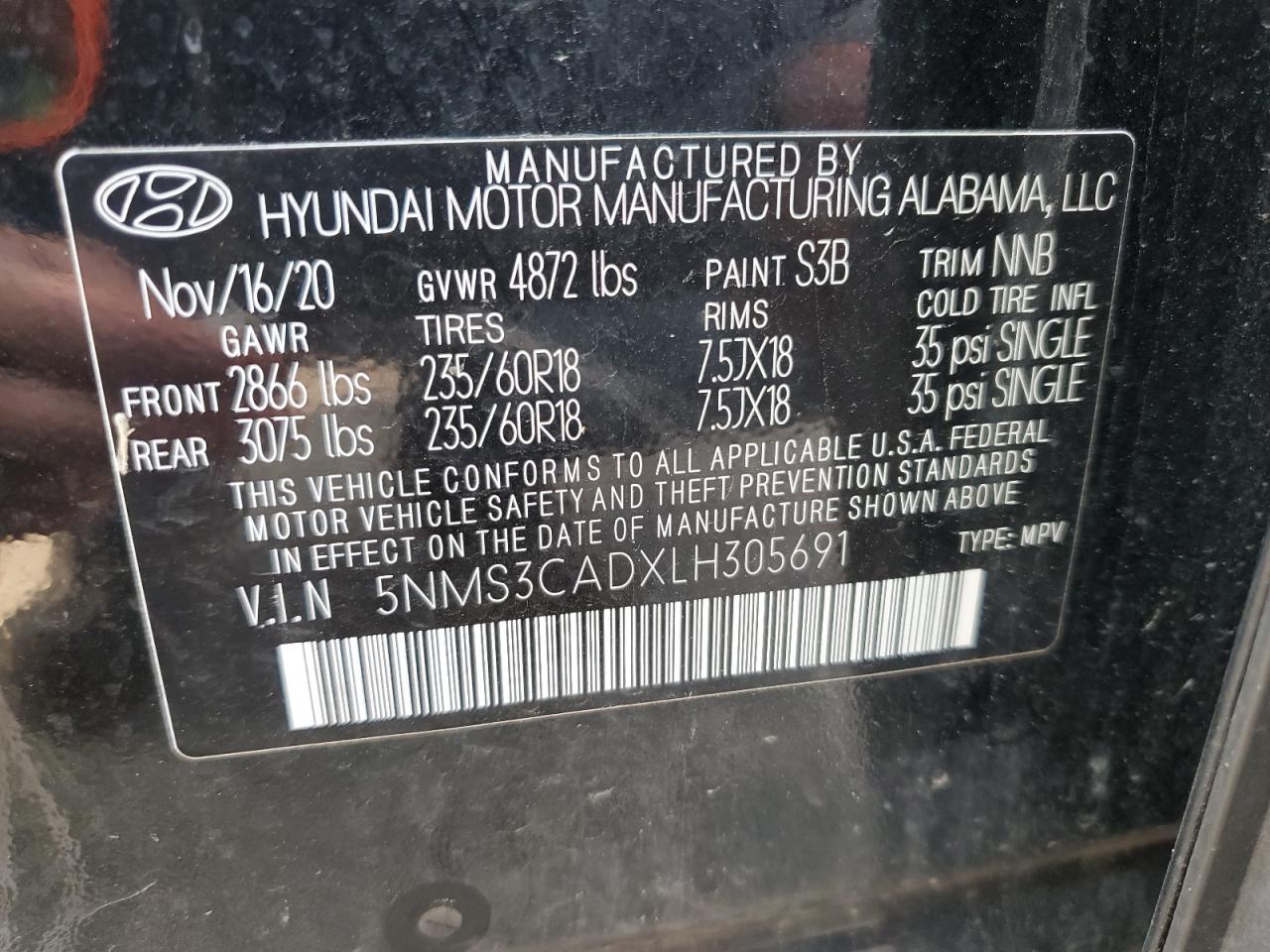 5NMS3CADXLH305691 2020 Hyundai Santa Fe Sel
