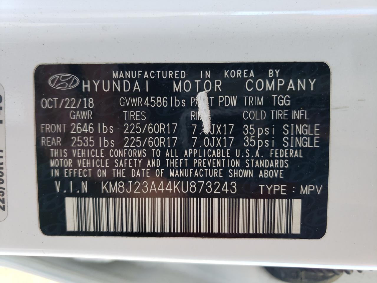 KM8J23A44KU873243 2019 Hyundai Tucson Se