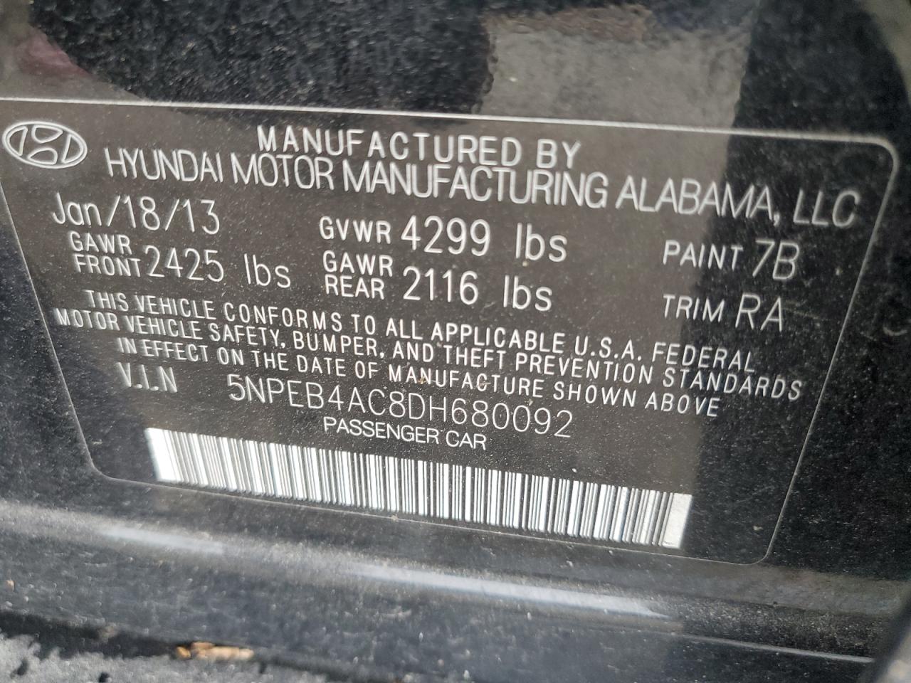 5NPEB4AC8DH680092 2013 Hyundai Sonata Gls