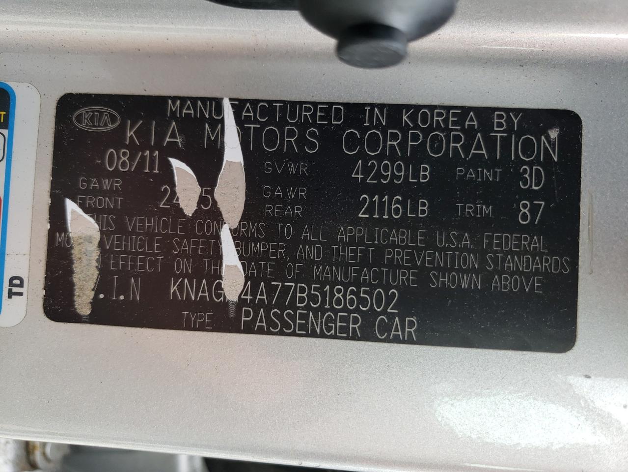 KNAGM4A77B5186502 2011 Kia Optima Lx