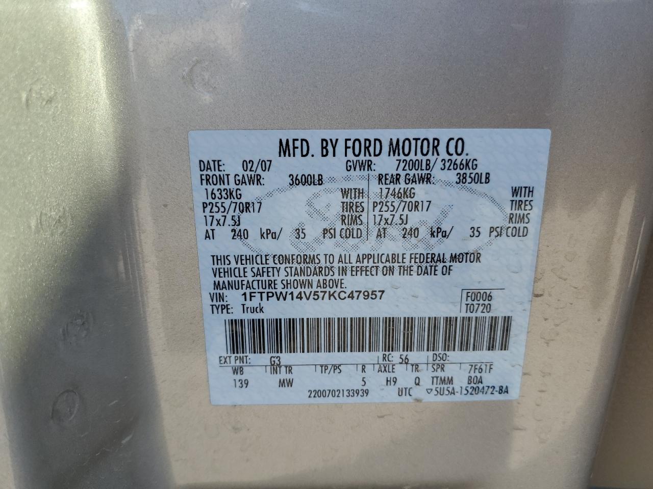 1FTPW14V57KC47957 2007 Ford F150 Supercrew