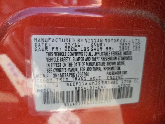 2016 Nissan Sentra S VIN: 3N1AB7AP6GY256794 Lot: 61163664