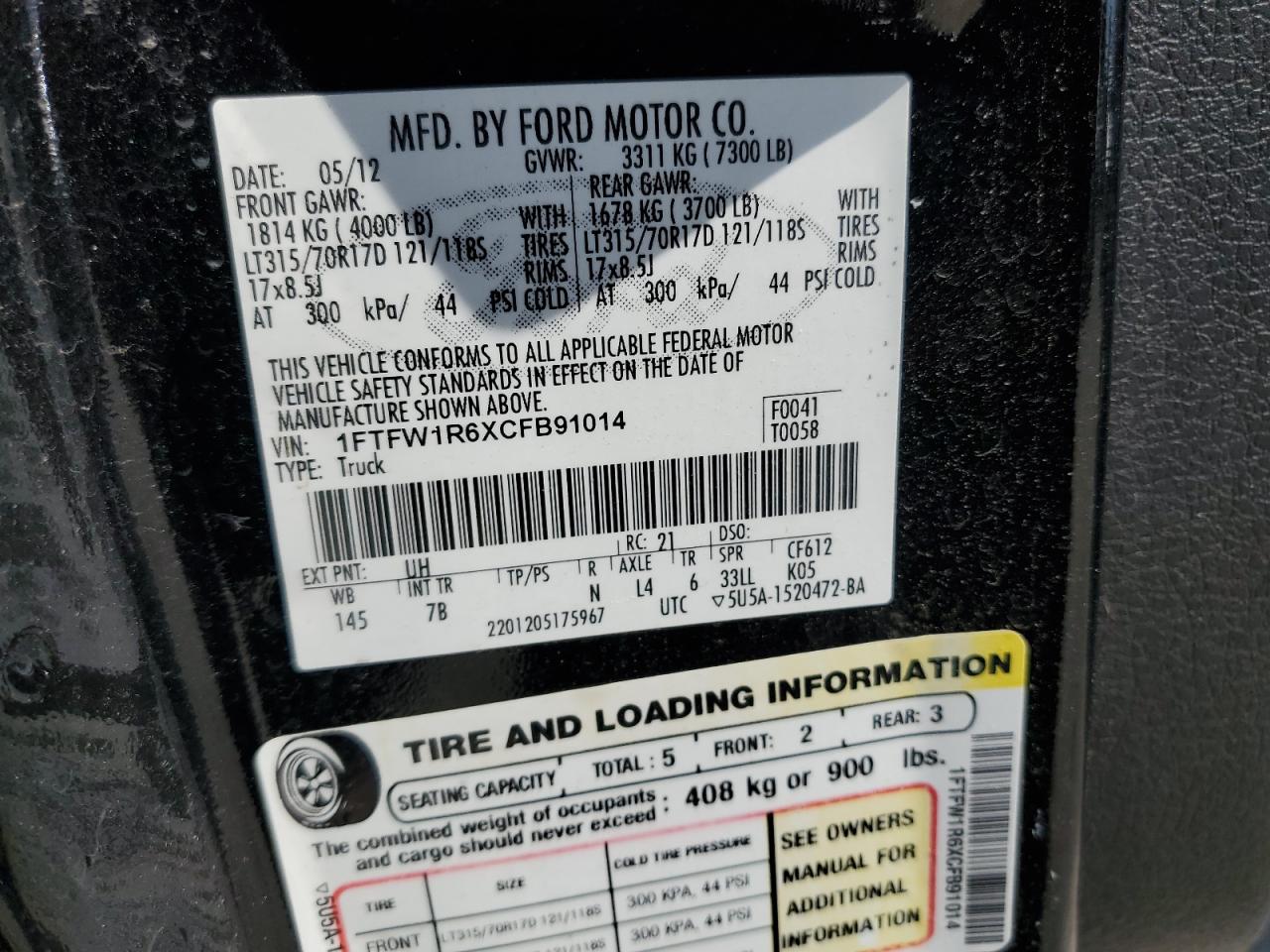 1FTFW1R6XCFB91014 2012 Ford F150 Svt Raptor