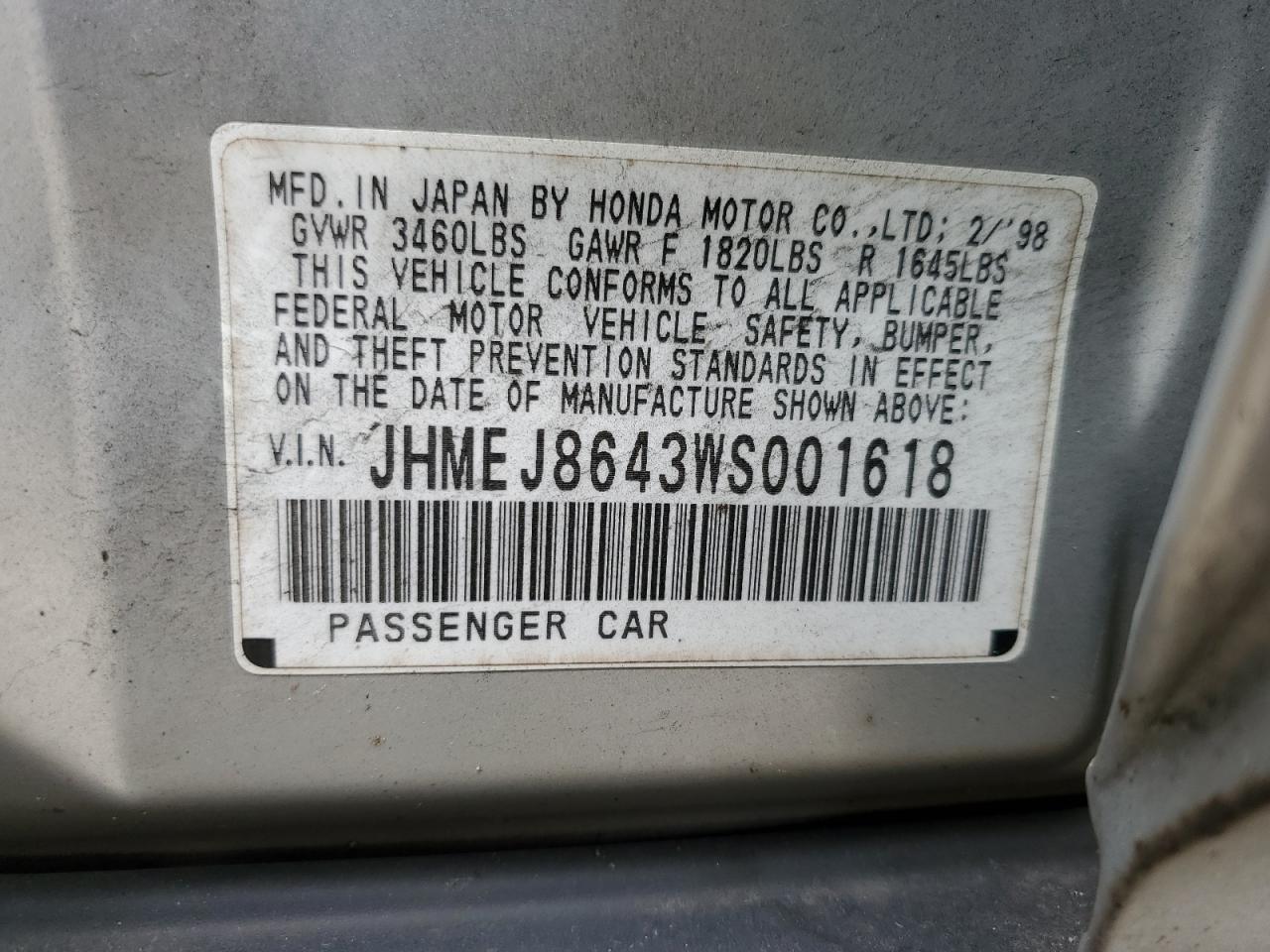 JHMEJ8643WS001618 1998 Honda Civic Ex