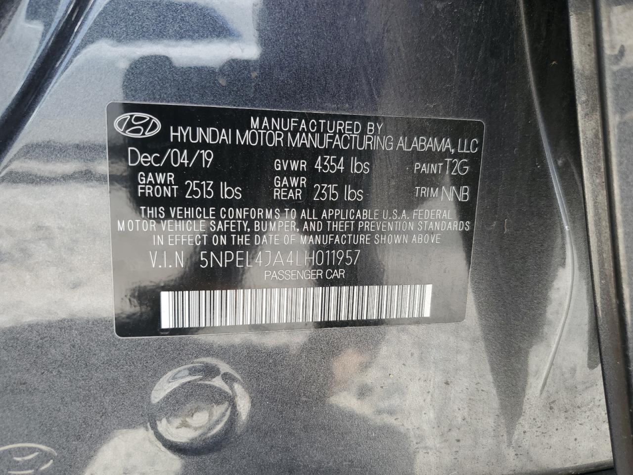 5NPEL4JA4LH011957 2020 Hyundai Sonata Sel