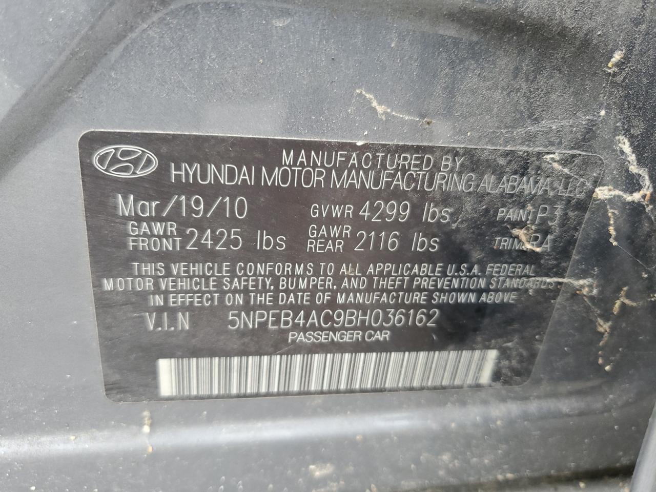 5NPEB4AC9BH036162 2011 Hyundai Sonata Gls