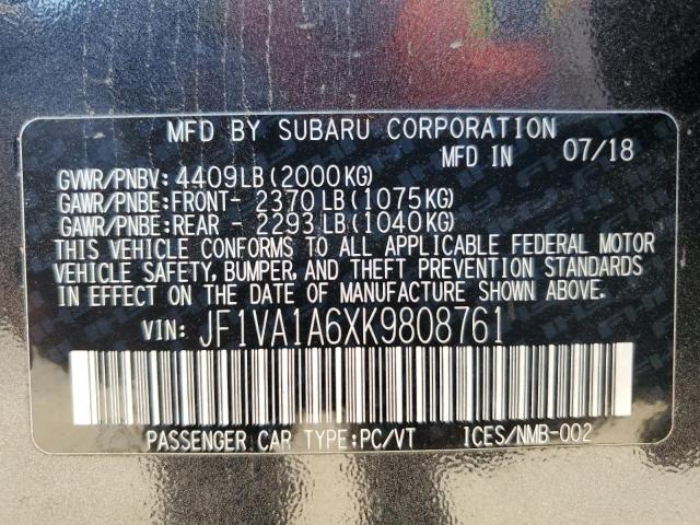 2019 Subaru Wrx VIN: JF1VA1A6XK9808761 Lot: 61761994