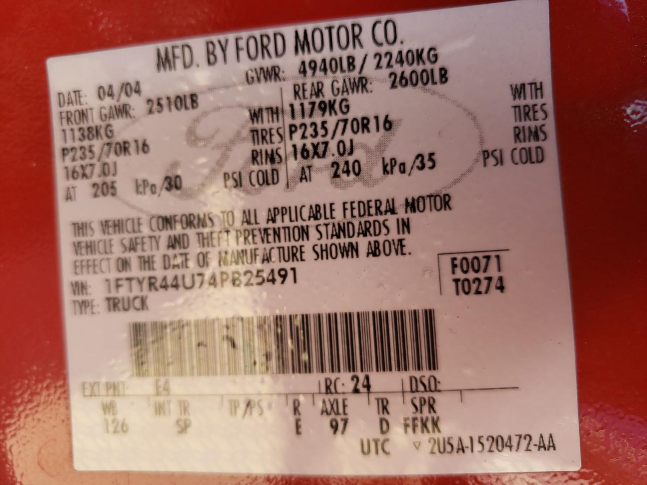 1FTYR44U74PB25491 2004 Ford Ranger Super Cab