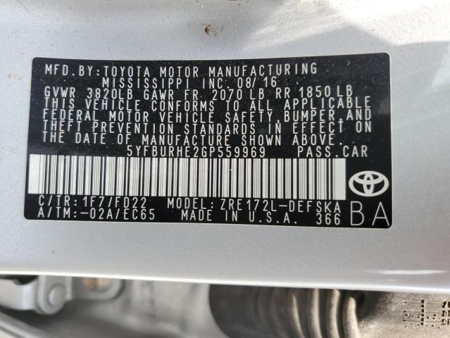 VIN 5YFBURHE2GP559969 2016 Toyota Corolla, L no.12