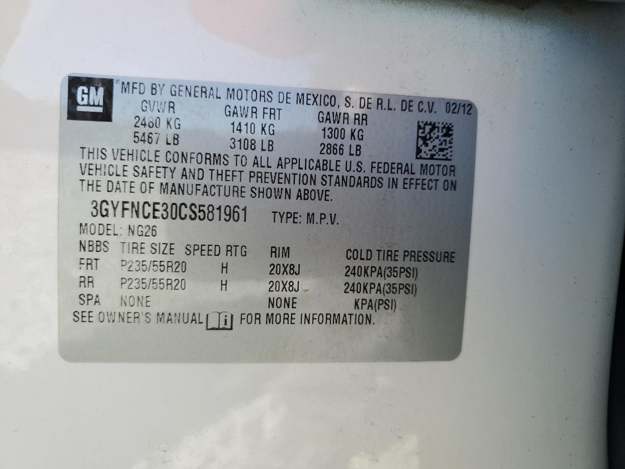 3GYFNCE30CS581961 2012 Cadillac Srx Premium Collection