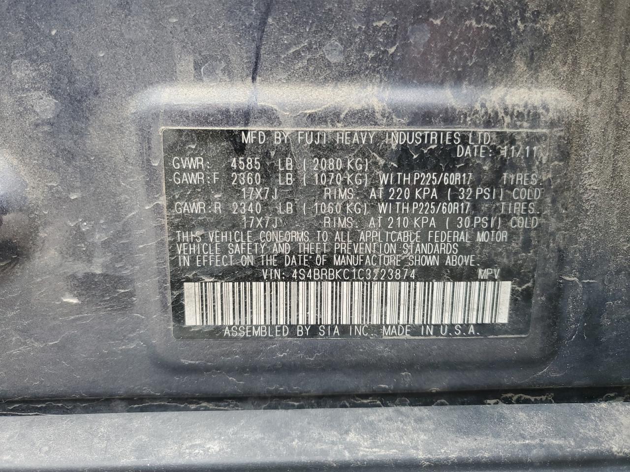 4S4BRBKC1C3223874 2012 Subaru Outback 2.5I Limited