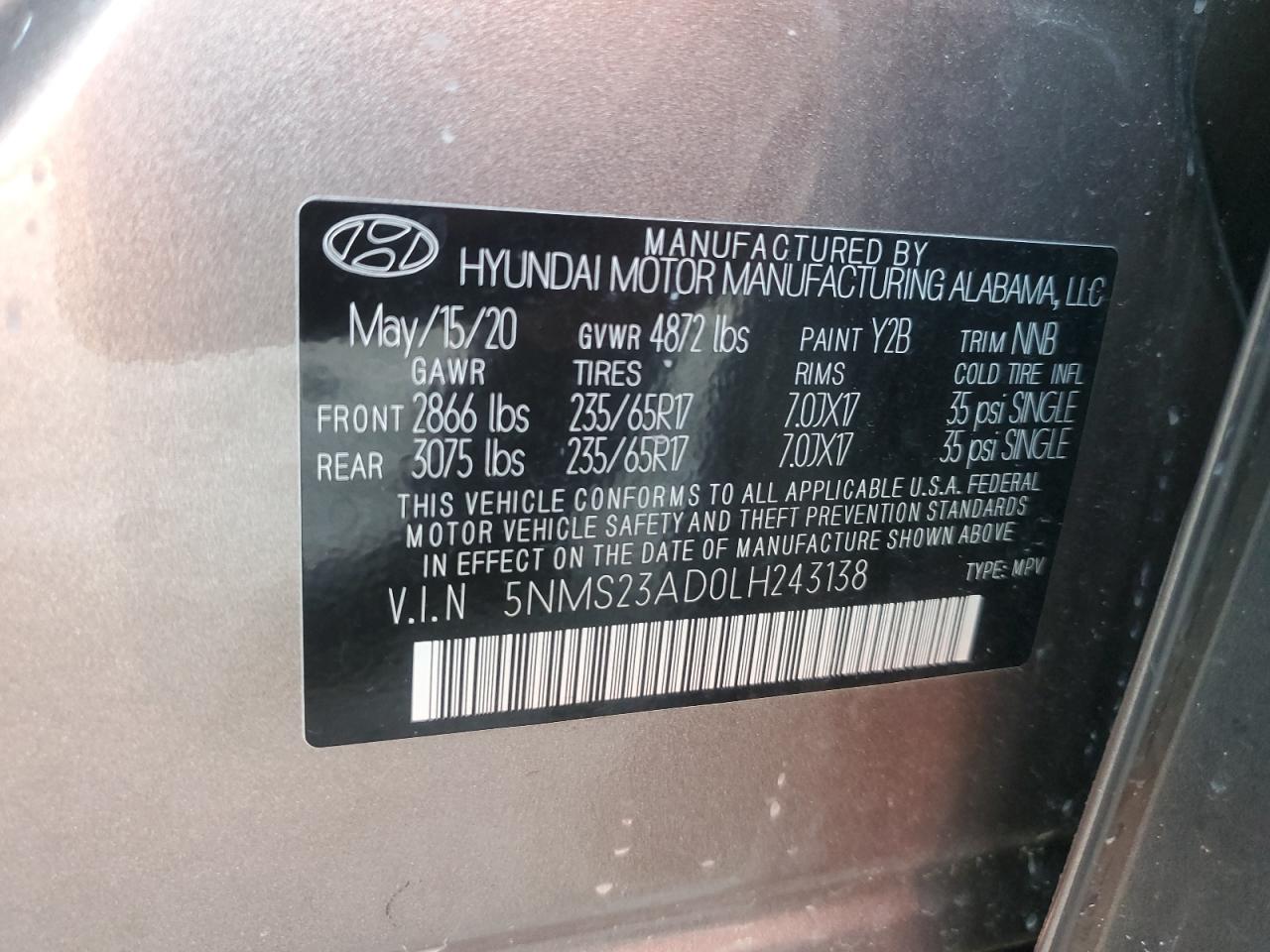 5NMS23AD0LH243138 2020 Hyundai Santa Fe Se
