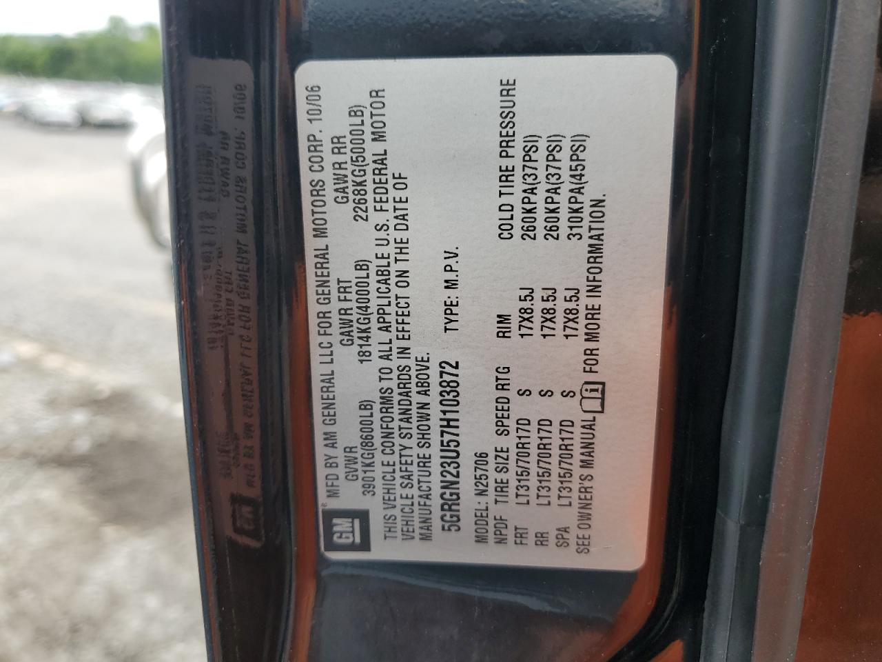 5GRGN23U57H103872 2007 Hummer H2