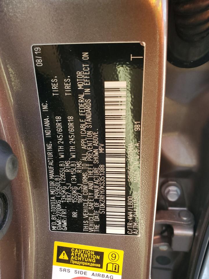 5TDKZRFH7KS351388 2019 Toyota Highlander Se