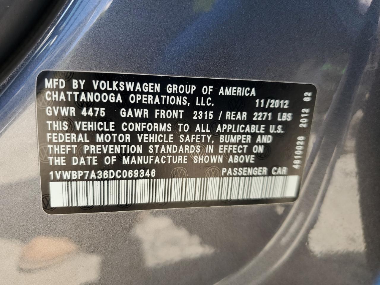 1VWBP7A36DC069346 2013 Volkswagen Passat Se