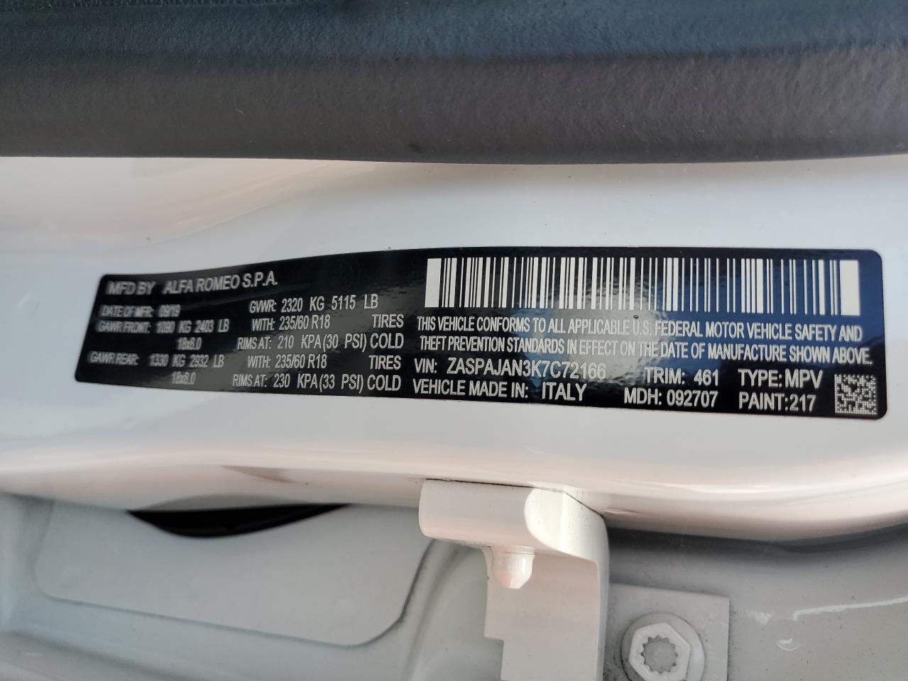 ZASPAJAN3K7C72166 2019 Alfa Romeo Stelvio