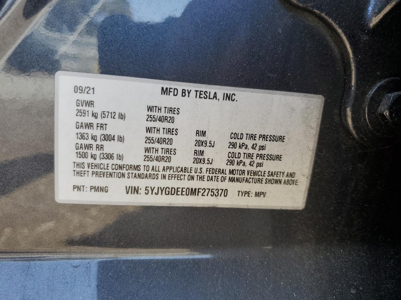 5YJYGDEE0MF275370 2021 Tesla Model Y