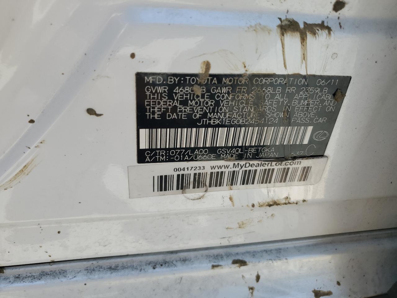 JTHBK1EG0B2454124 2011 Lexus Es 350