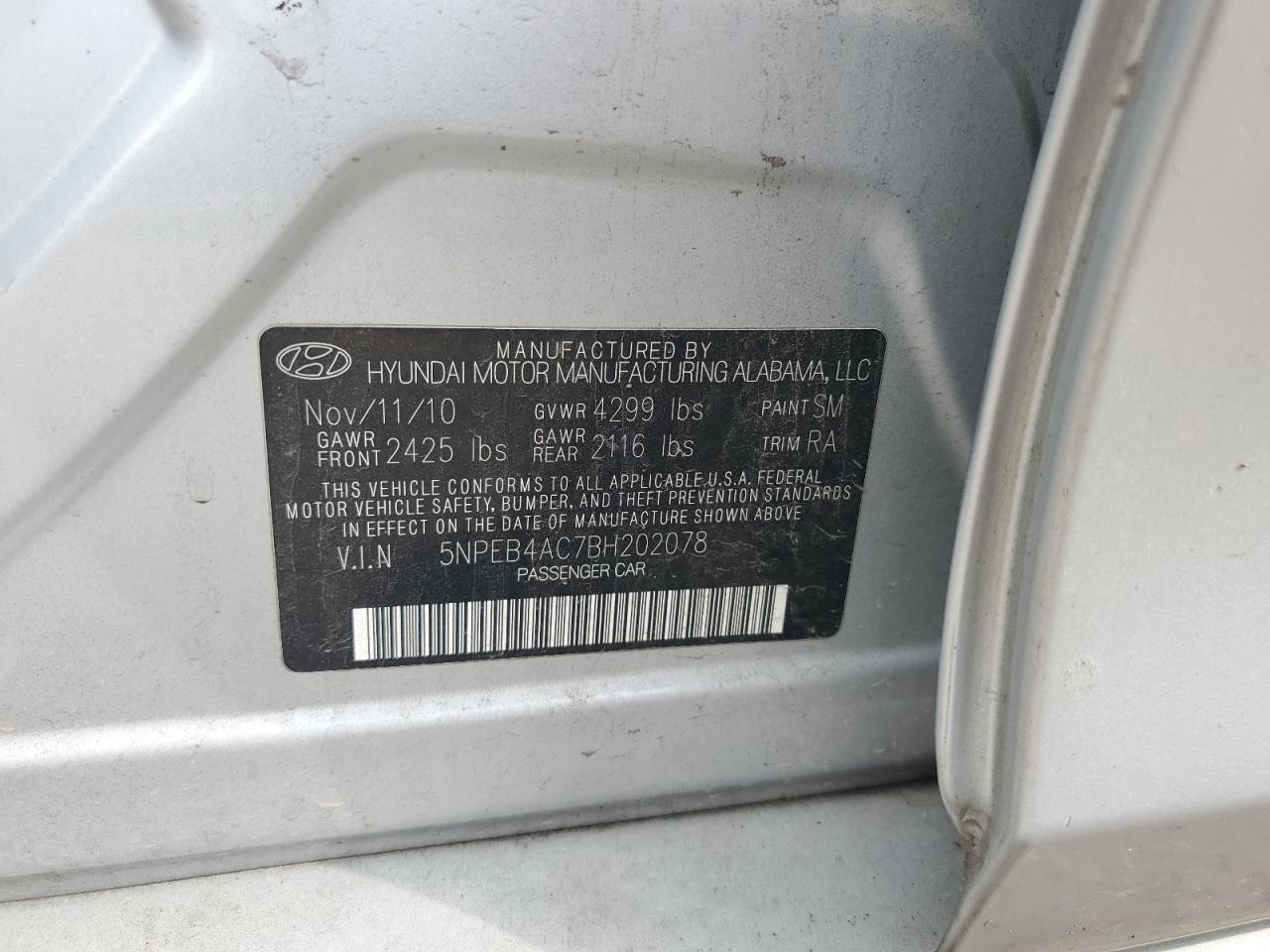 5NPEB4AC7BH202078 2011 Hyundai Sonata Gls