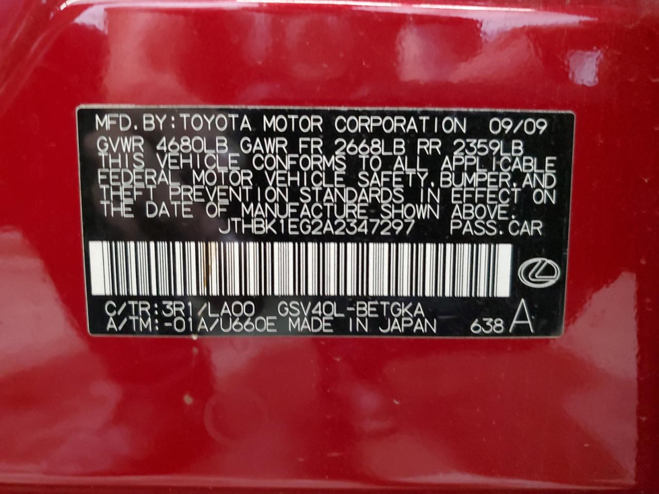 JTHBK1EG2A2347297 2010 Lexus Es 350