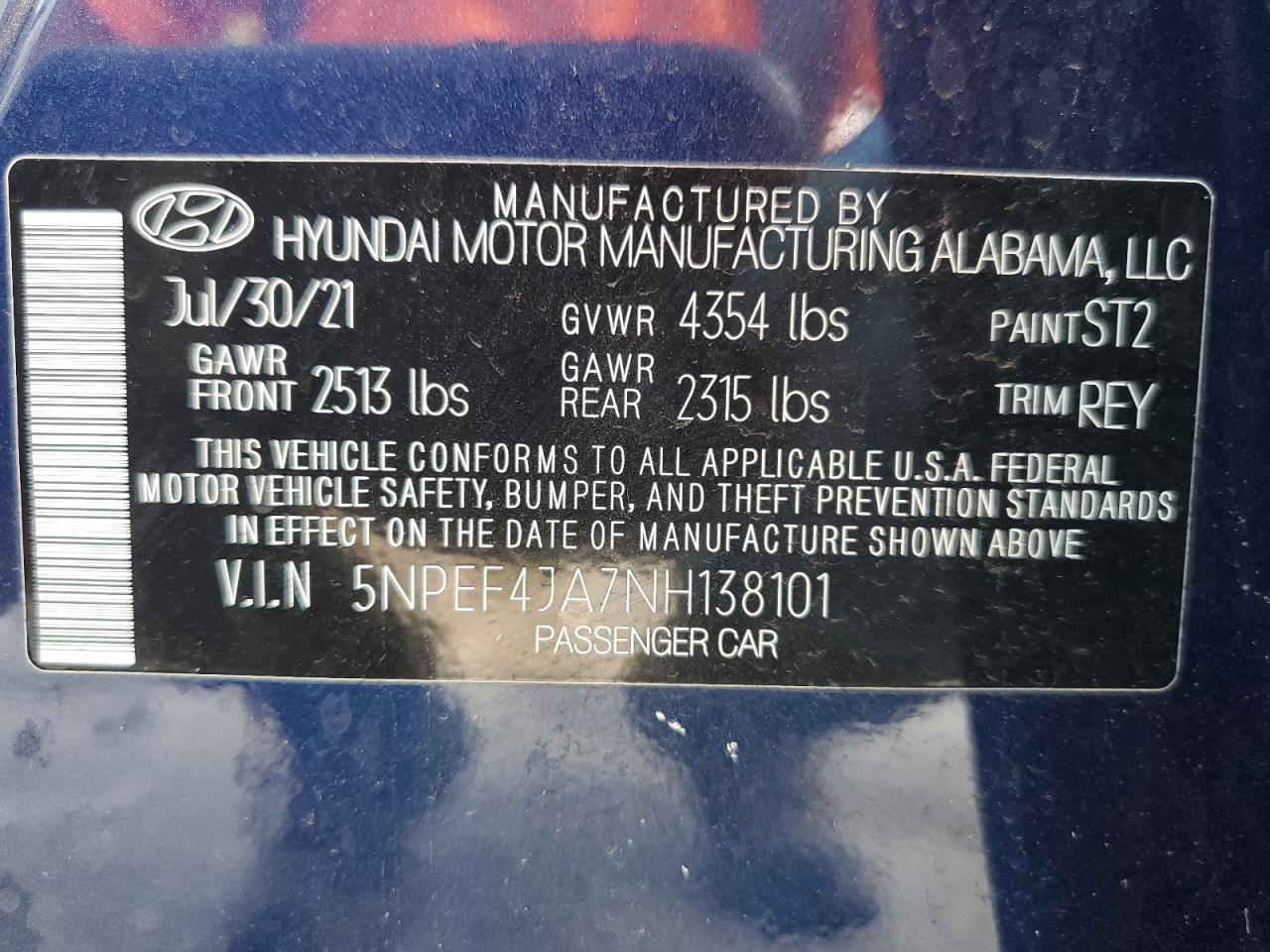 5NPEF4JA7NH138101 2022 Hyundai Sonata Sel