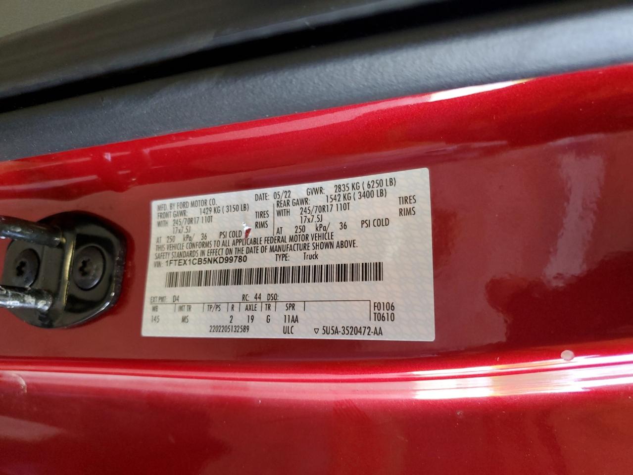 1FTEX1CB5NKD99780 2022 Ford F150 Super Cab