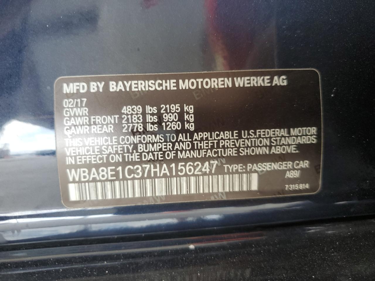 WBA8E1C37HA156247 2017 BMW 330E