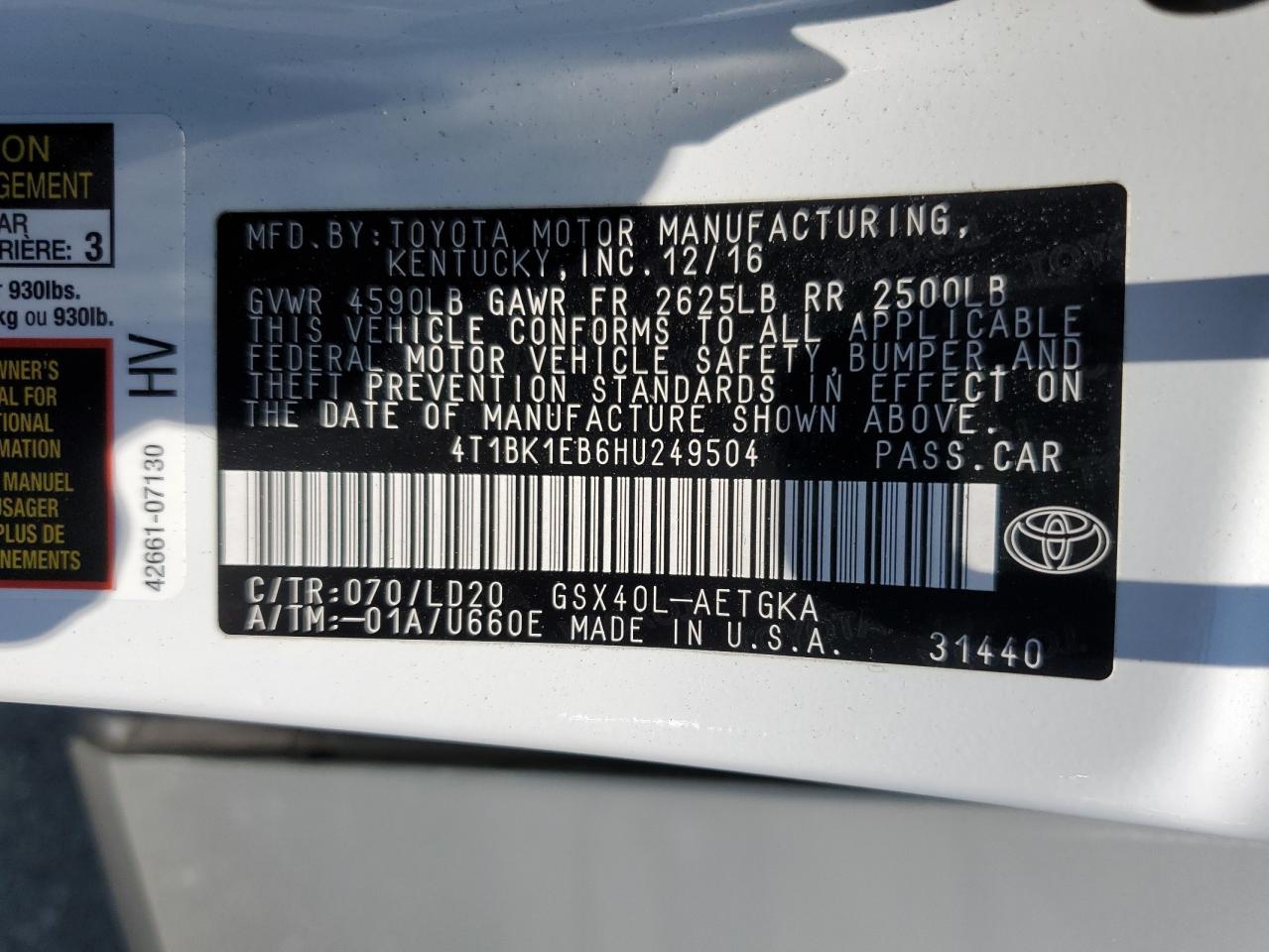 4T1BK1EB6HU249504 2017 Toyota Avalon Xle