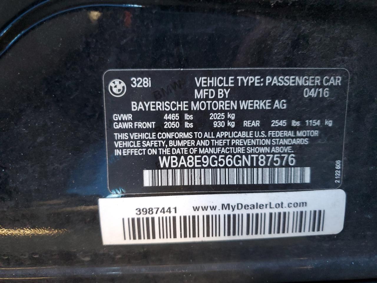 WBA8E9G56GNT87576 2016 BMW 328 I Sulev