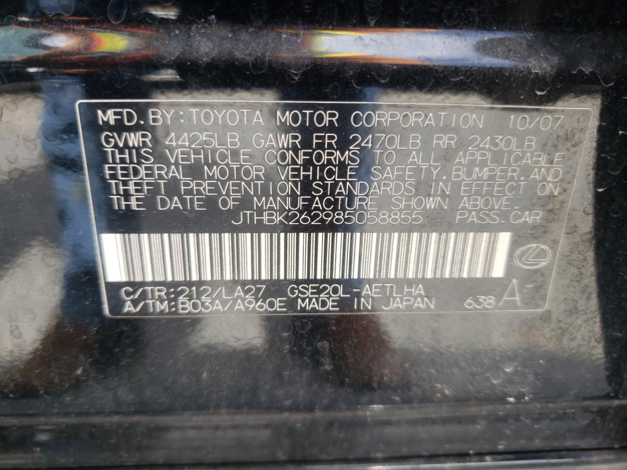 JTHBK262985058855 2008 Lexus Is 250