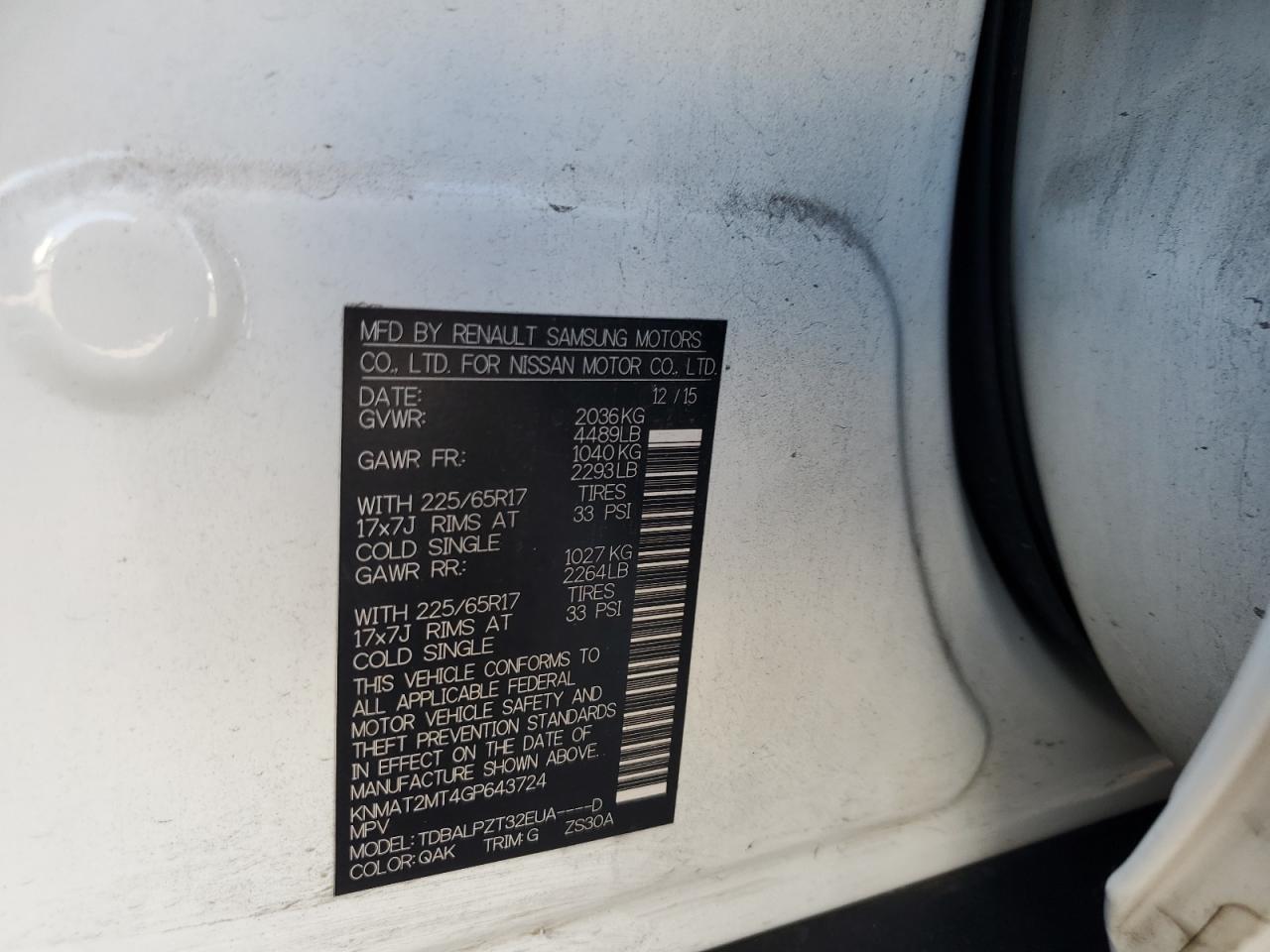 KNMAT2MT4GP643724 2016 Nissan Rogue S