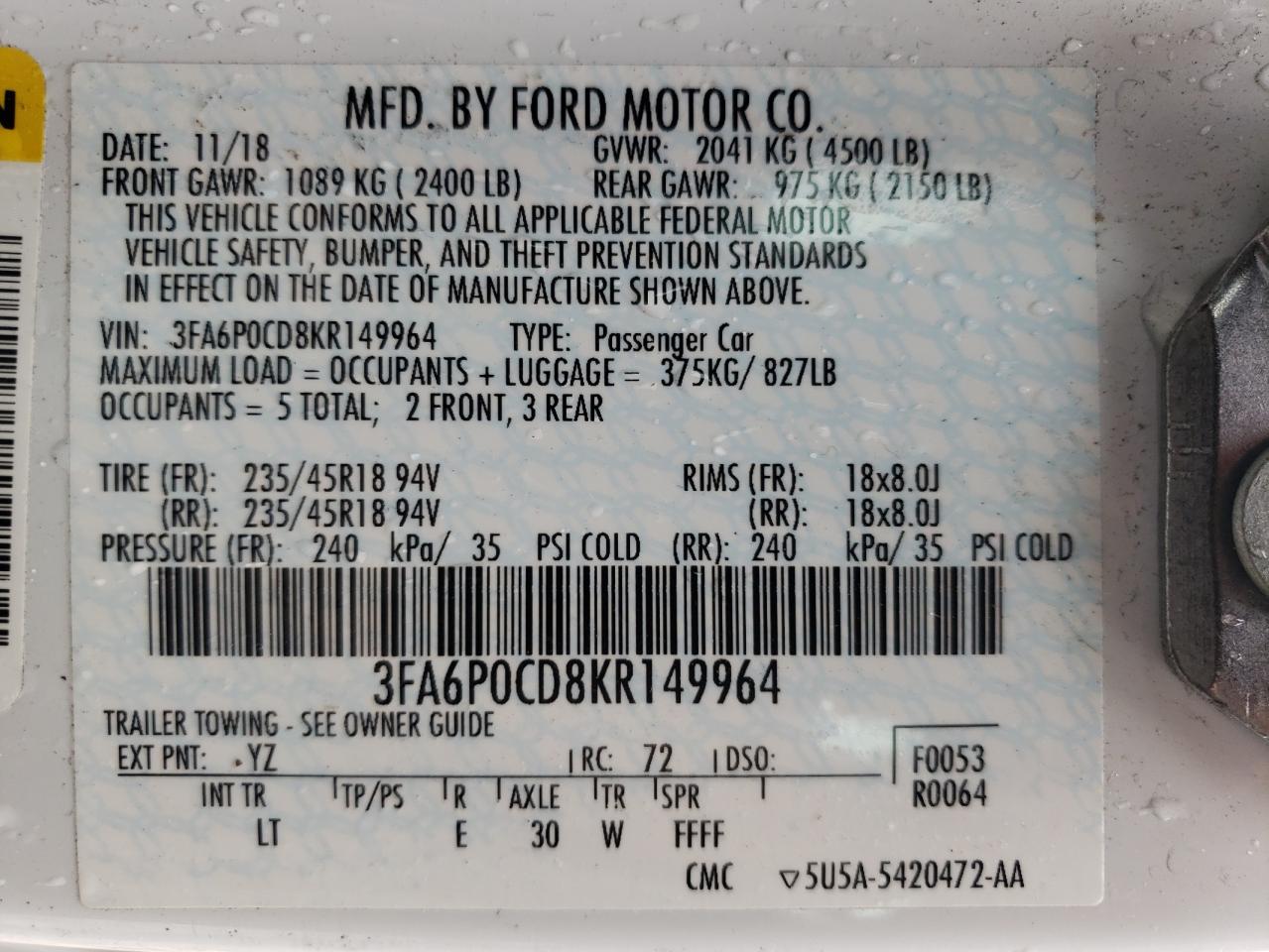 3FA6P0CD8KR149964 2019 Ford Fusion Sel