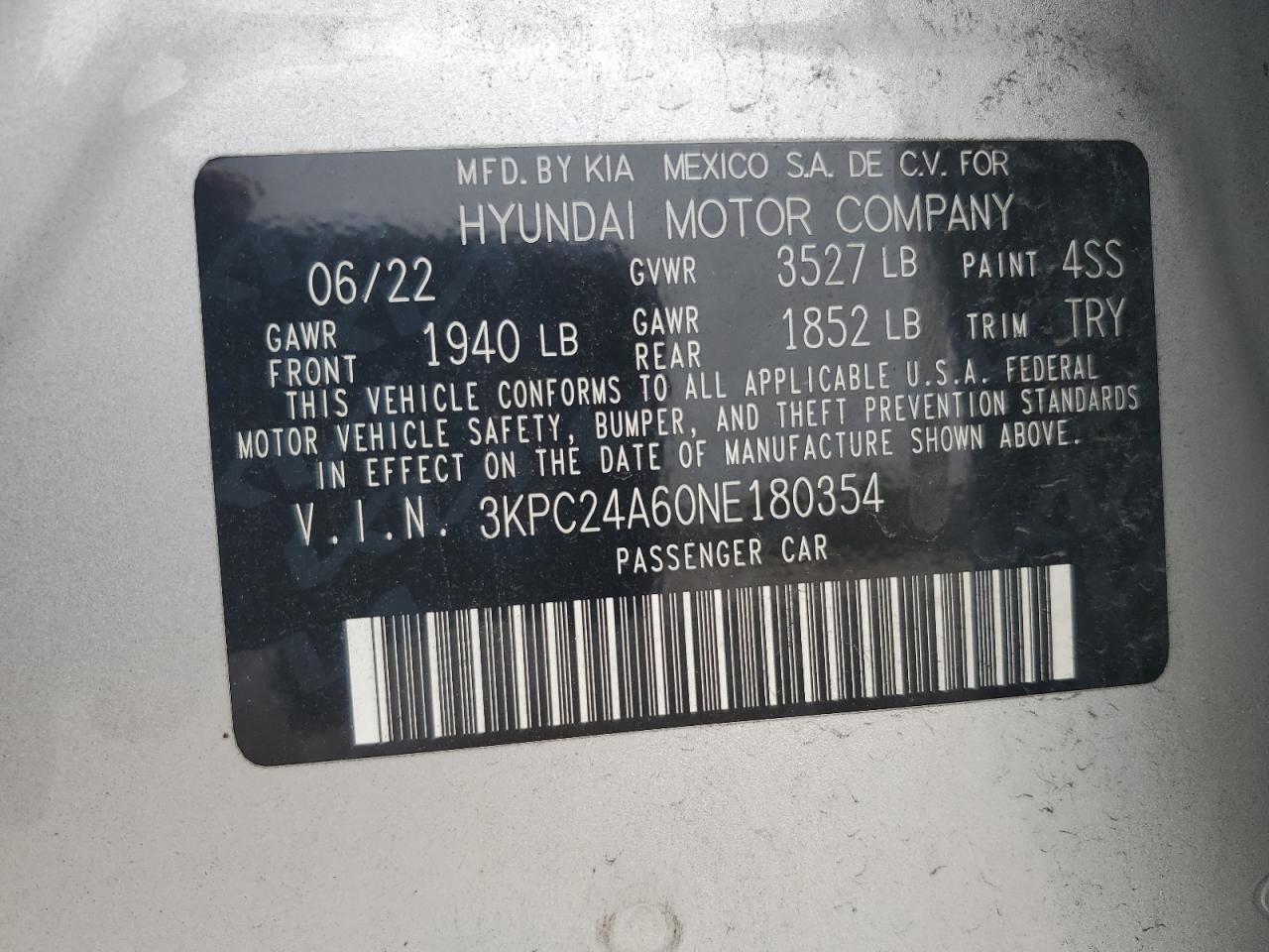 3KPC24A60NE180354 2022 Hyundai Accent Se