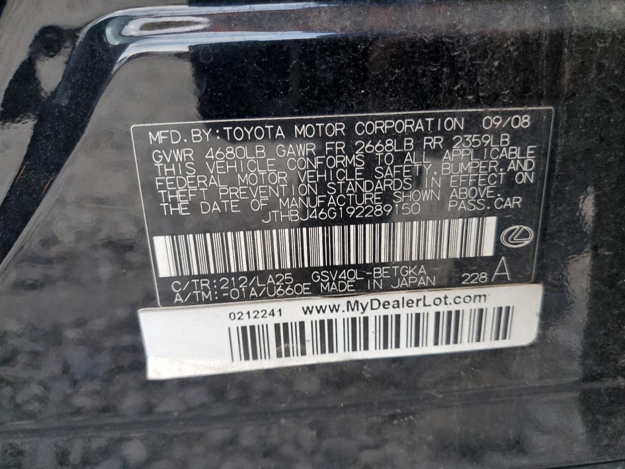 JTHBJ46G192289150 2009 Lexus Es 350